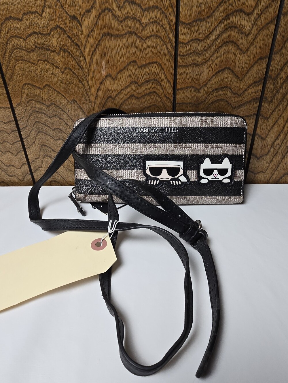 Karl Lagerfeld Black & Taupe Striped Crossbody Wallet with Character Patch